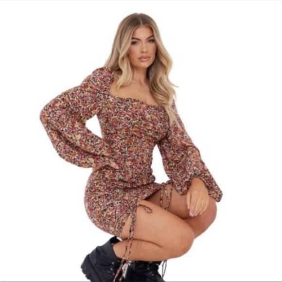 Pretty Little Thing Multi Floral Chiffon Double Ruched Bodycon Dress Shabby Chic - Picture 1 of 13